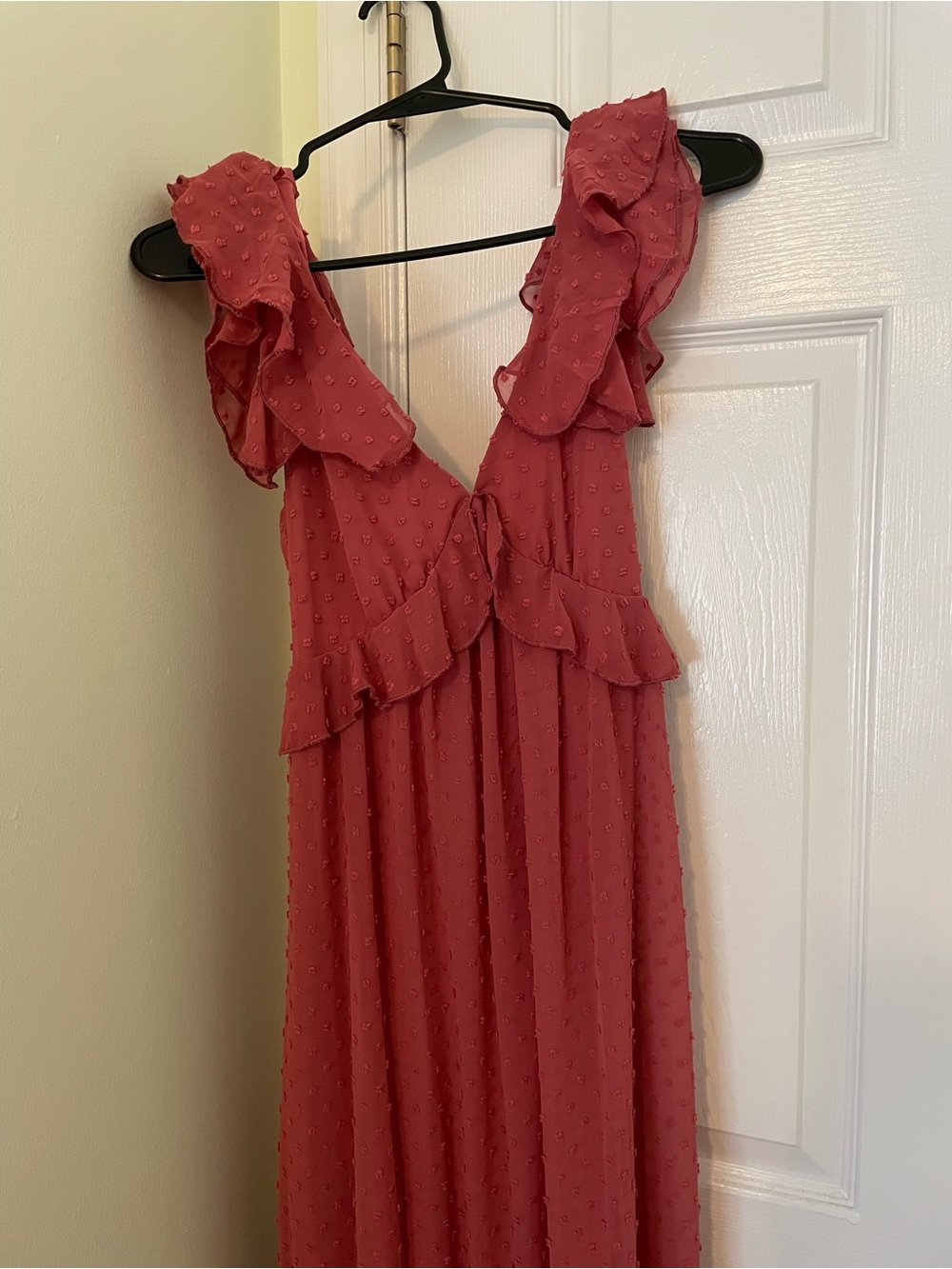 Francesca’s Ruffled V-Neck Swiss Dot Maxi Dress in Dusty Rose